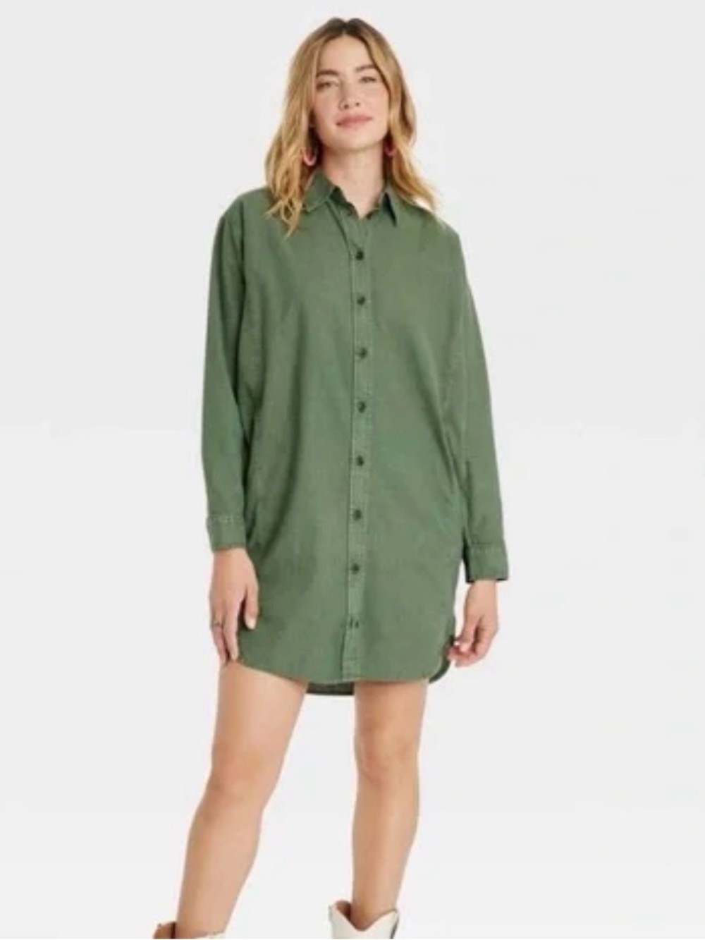 Universal Thread Women’s Olive Green Button-Front Shirt Midi Dress